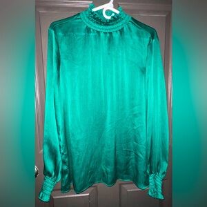 C. EST 1946 Satin Turtleneck Cuffed Balloon-Sleeve Tunic Blouse, Jewel Green, XL